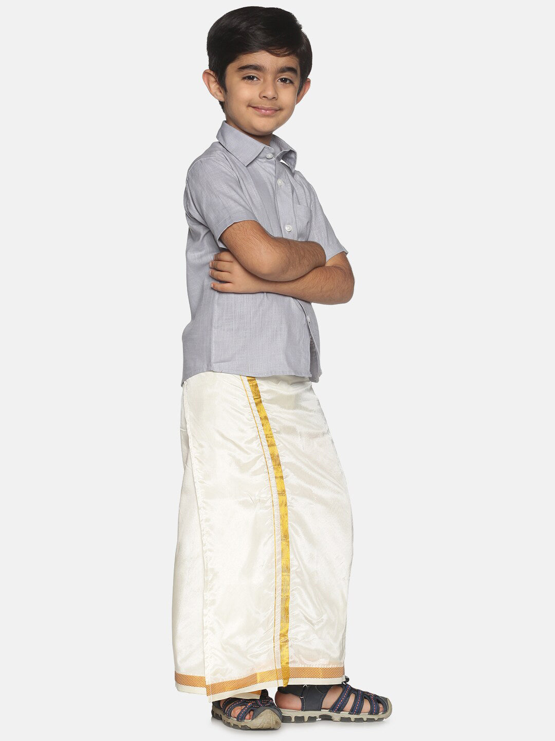 Sethukrishna Boys Grey & White Pure Cotton Shirt With Veshti Set