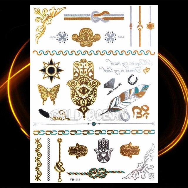 1PC Gold Chain Bracelet Tattoo Sticker Summer Style Fake Jewelry Temporary Tattoo Waterproof Gold Sliver Glitter Body Face Tattoo For Womens