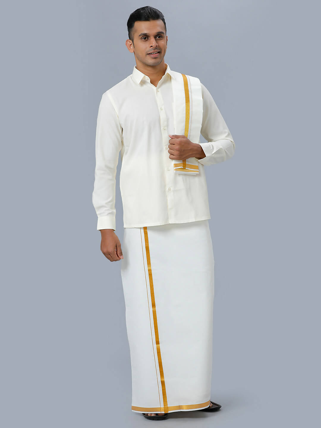 Ramraj Cotton Mens Wedding Set Cream Regular Dhoti, Shirt & Towel