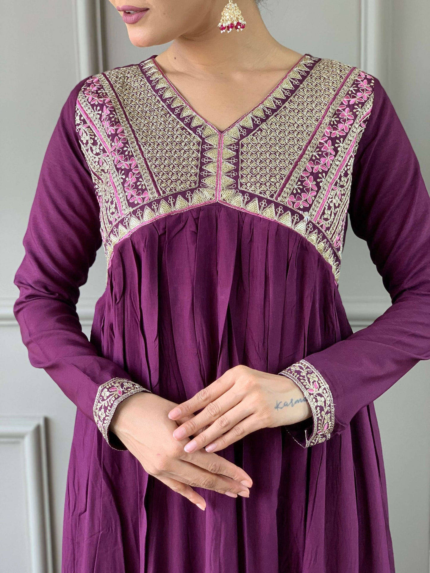 Partywear Designer Viscose Wine Stitched Suit With Dupatta - Tanisha