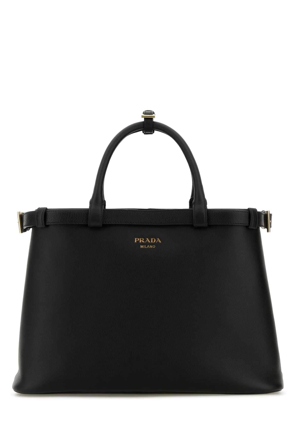 Prada Women Black Leather Medium Prada Buckle Handbag