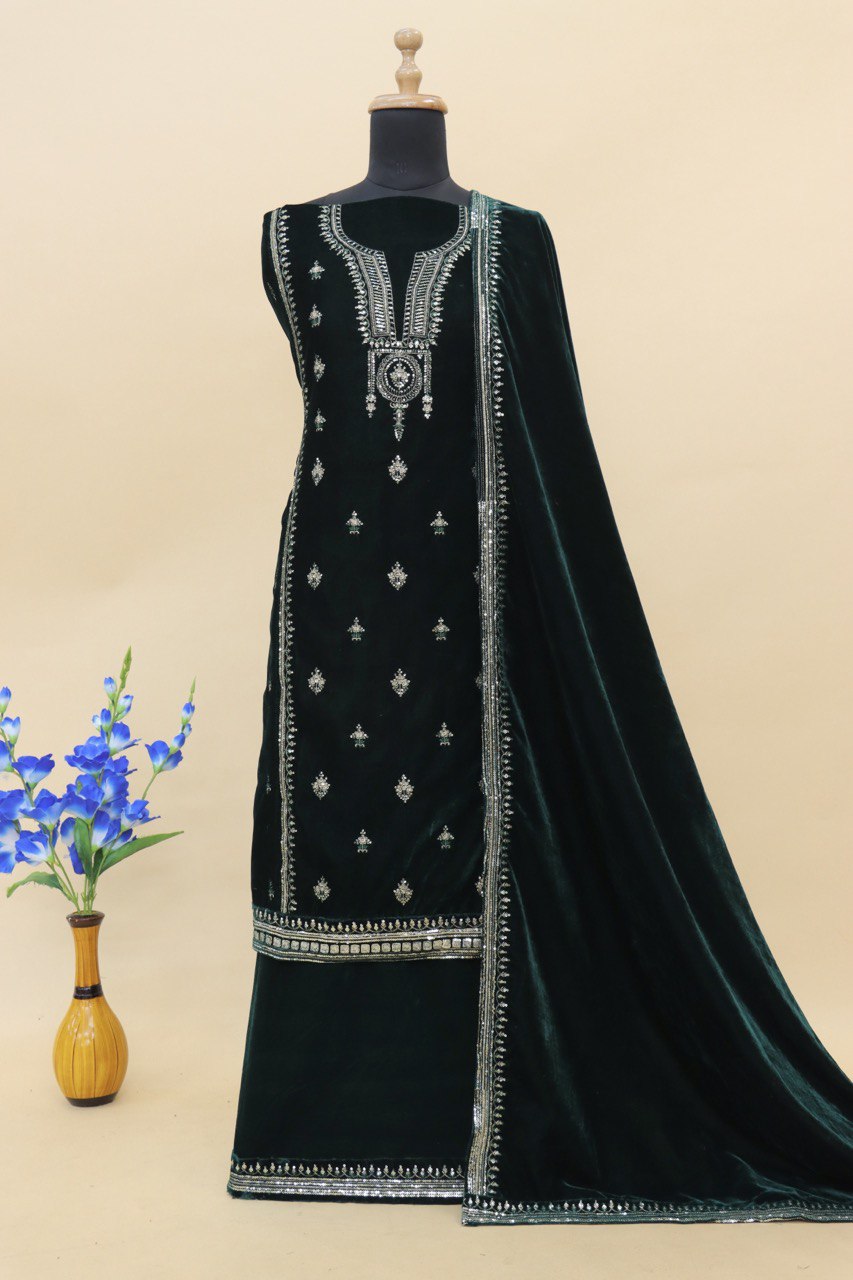 Lorenvalley Fashion Women Green Velvet Embroidered Salwar Suit Material