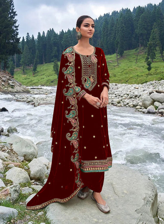 Lorenvalley Fashion Women Maroon Velvet Embroidered Salwar Suit Material