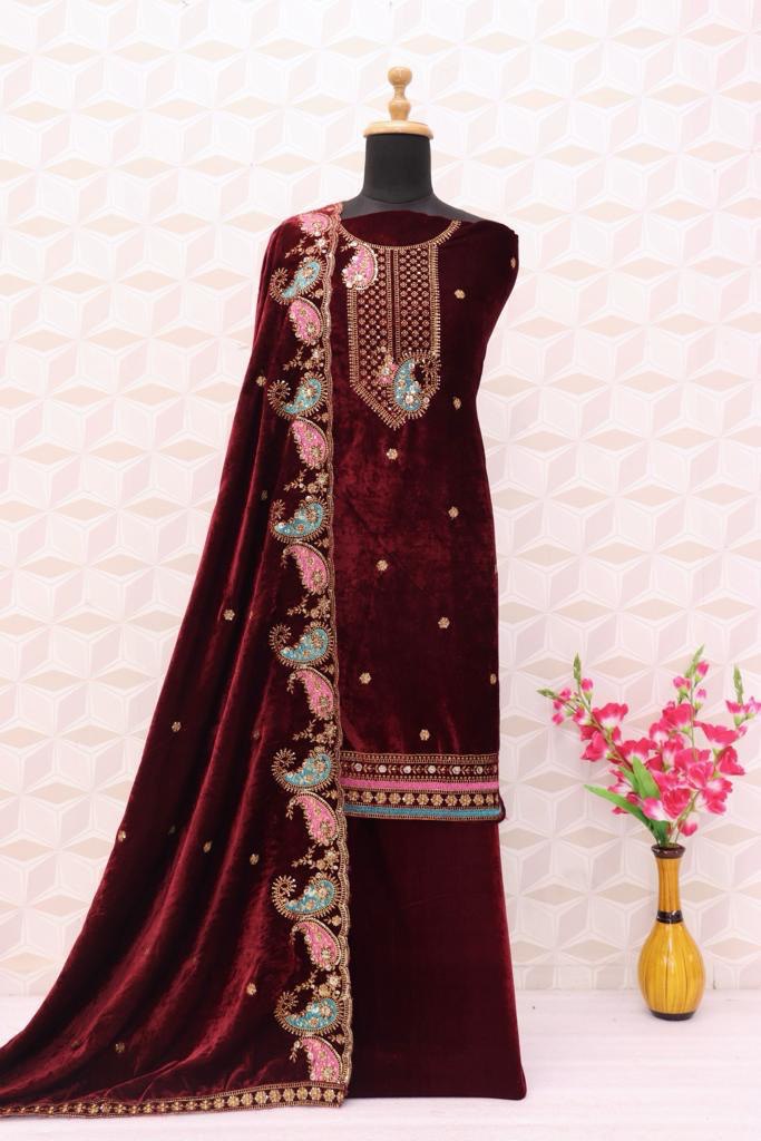 Lorenvalley Fashion Women Maroon Velvet Embroidered Salwar Suit Material