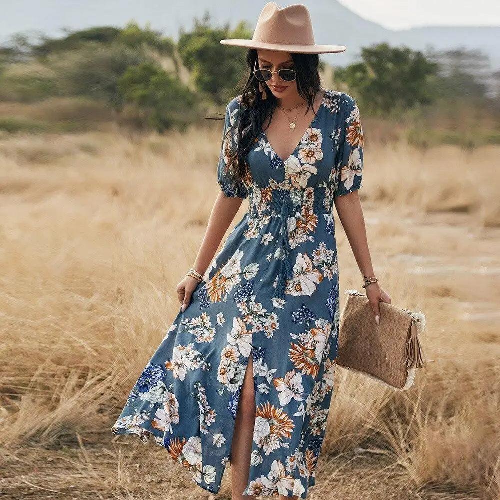 Fashion Casual Loose Party Short Sleeve Maxi Split Dress -  Summer Dresses for Women