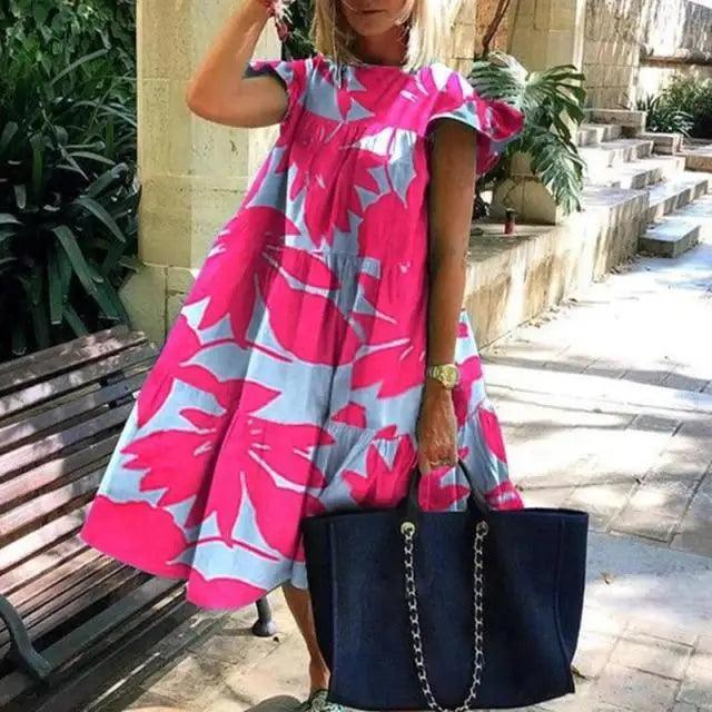 Women Retro Loose Casual Round Neck Short Sleeve Dress - Cute Fashion Dresses For Women
