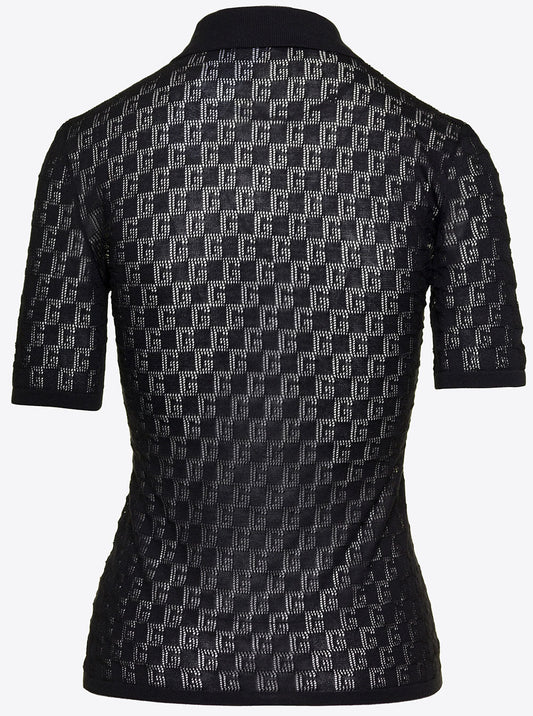 Gucci Women Black Polo Shirt With Button Closure And Gg Motif In Cotton And Silk Blend Woman