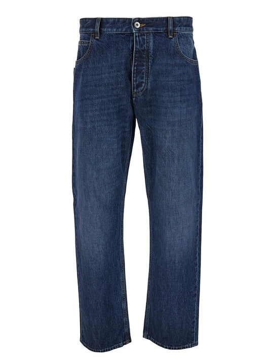 Bottega Veneta Men Blue Straight Jeans With Logo Patch In Denim Man