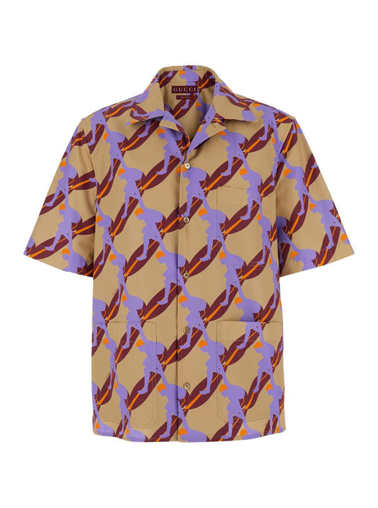 Gucci Men Multicolor Bowling Shirt With Cuban Collar And All-Over Print In Cotton Man