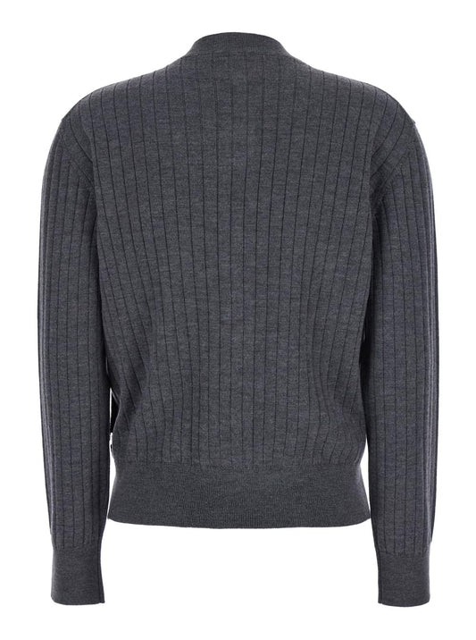 Bottega Veneta Women Grey Crewneck Cardigan With Knot Buttons Closure And Ribbed Knit In Wool Woman