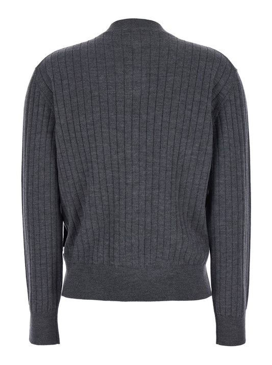 Bottega Veneta Women Grey Crewneck Cardigan With Knot Buttons Closure And Ribbed Knit In Wool Woman
