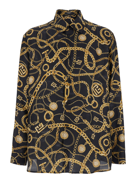 Balmain Men Black Shirt With Pointed Collar And Chain Print With Logo In Silk Man