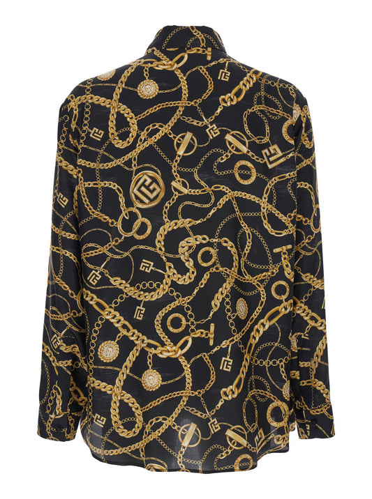 Balmain Men Black Shirt With Pointed Collar And Chain Print With Logo In Silk Man