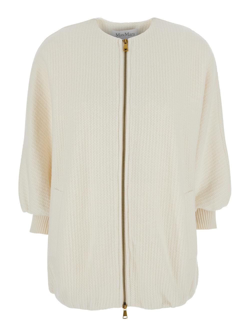 Max Mara Women 'Cirino' White Crewneck Knit Jacket With Logo Patch On The Rear In Wool And Cashmere Woman
