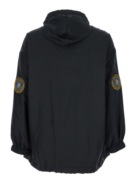 Balenciaga Men Black Jacket With Logo Lettering On The Front And Logo Patch On The Elbow In Tech Fabric Man