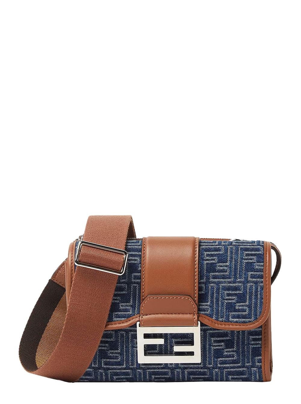 Fendi Men 'Baguette Double' Blue Crossbody Bag With Magnetic Ff Closure And All-Over Motif In Blue Cotton Man