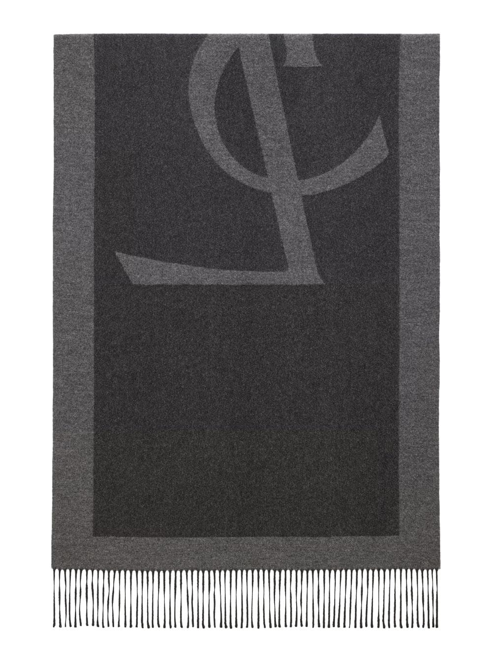 Saint Laurent Women Grey Scarf With Maxi Logo Lettering And Fringed Hem In Silk Woman