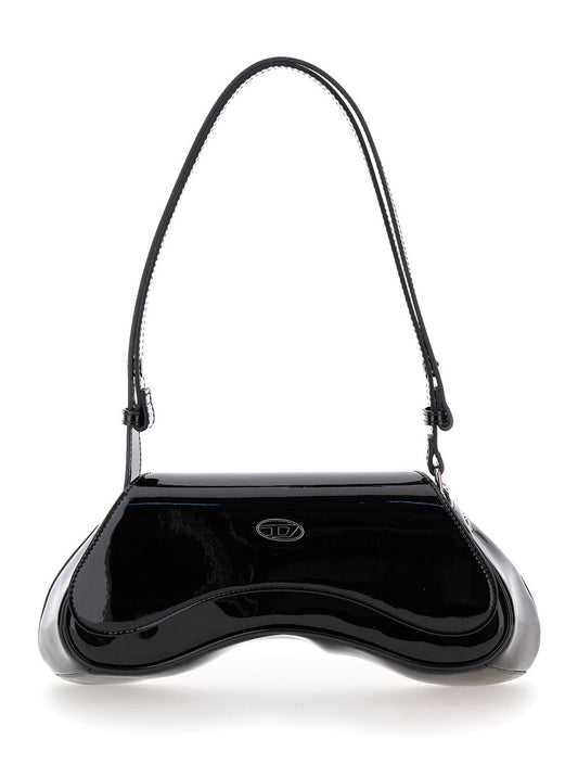 Diesel Women 'Play' Black Shoulder Bag With Logo Plate In Tech Fabric Woman