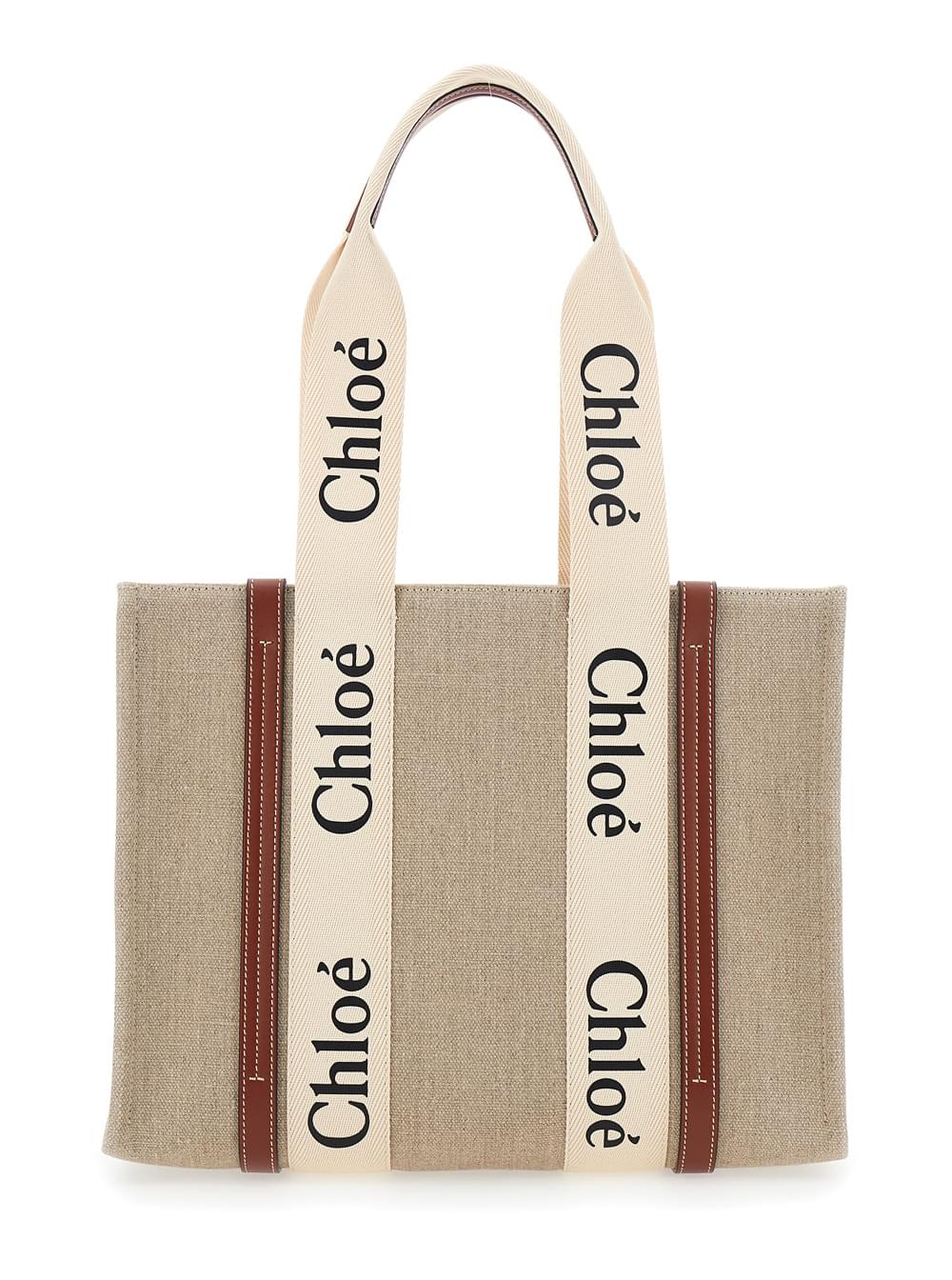 Chloé Women 'Medium Woody' Beige Handbag With Logo Lettering On The Front In Linen Woman