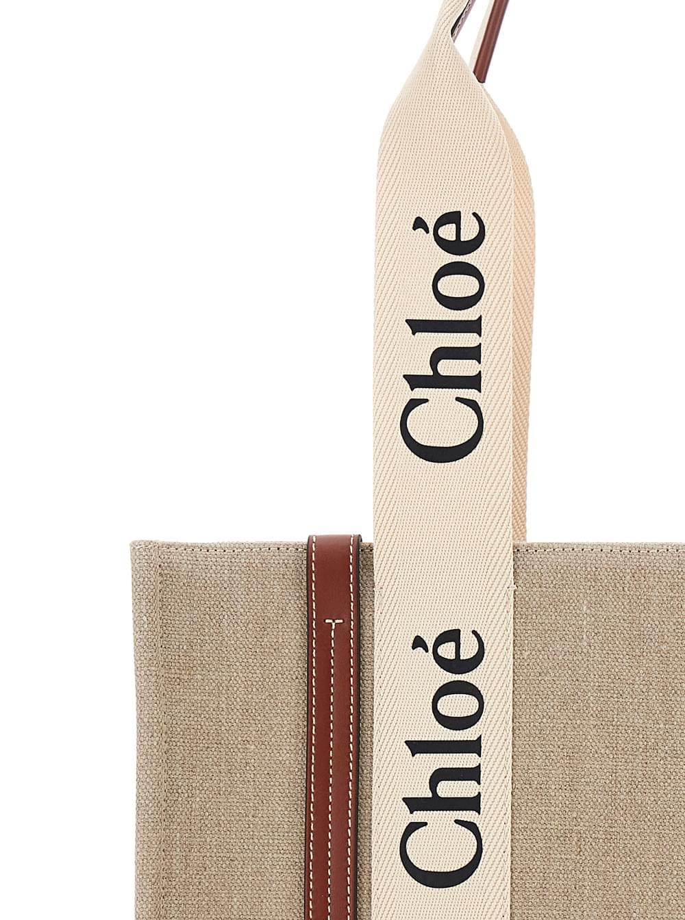 Chloé Women 'Medium Woody' Beige Handbag With Logo Lettering On The Front In Linen Woman