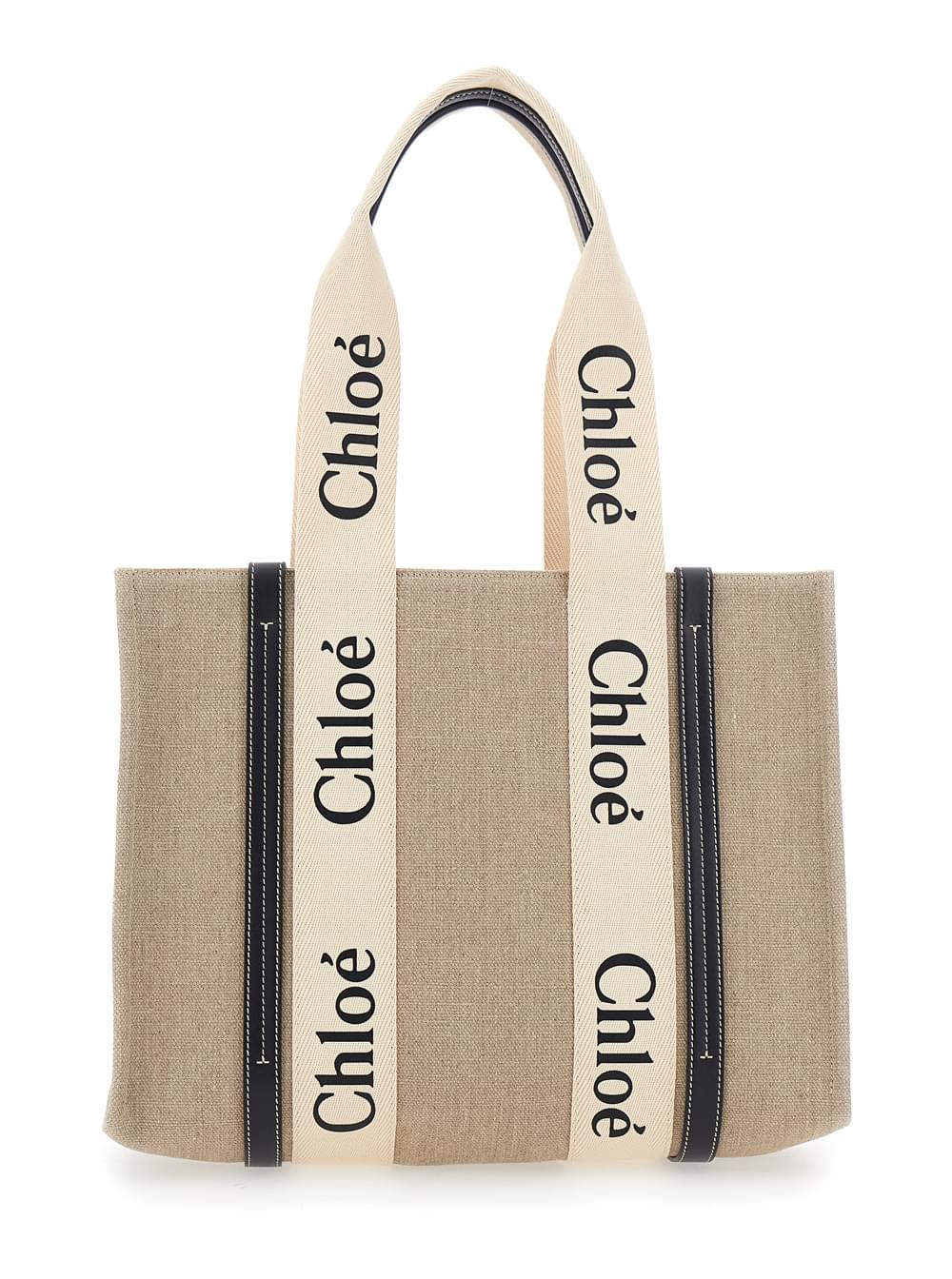 Chloé Women 'Medium Woody' Beige Handbag With Logo Lettering On The Front In Linen Woman