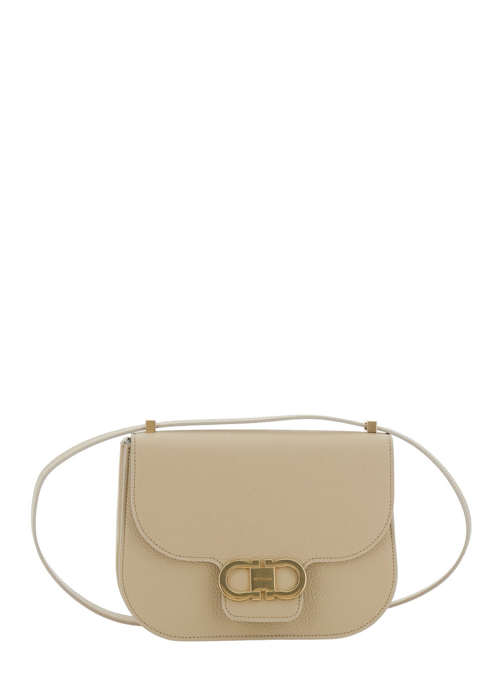 Ferragamo Women Beige Shoulder Bag With Metal Gancini Detail On The Front In Hammered Leather Woman