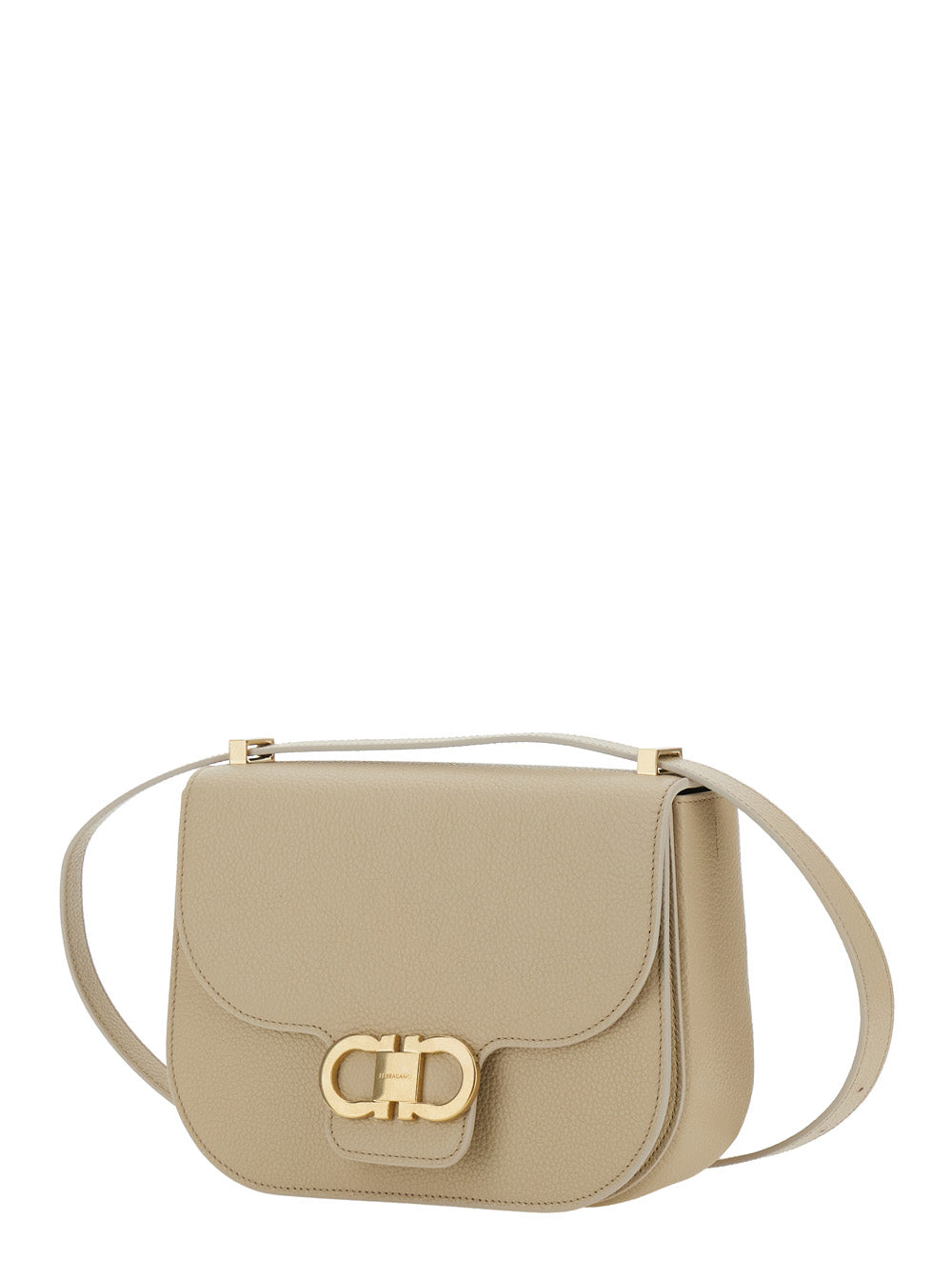 Ferragamo Women Beige Shoulder Bag With Metal Gancini Detail On The Front In Hammered Leather Woman