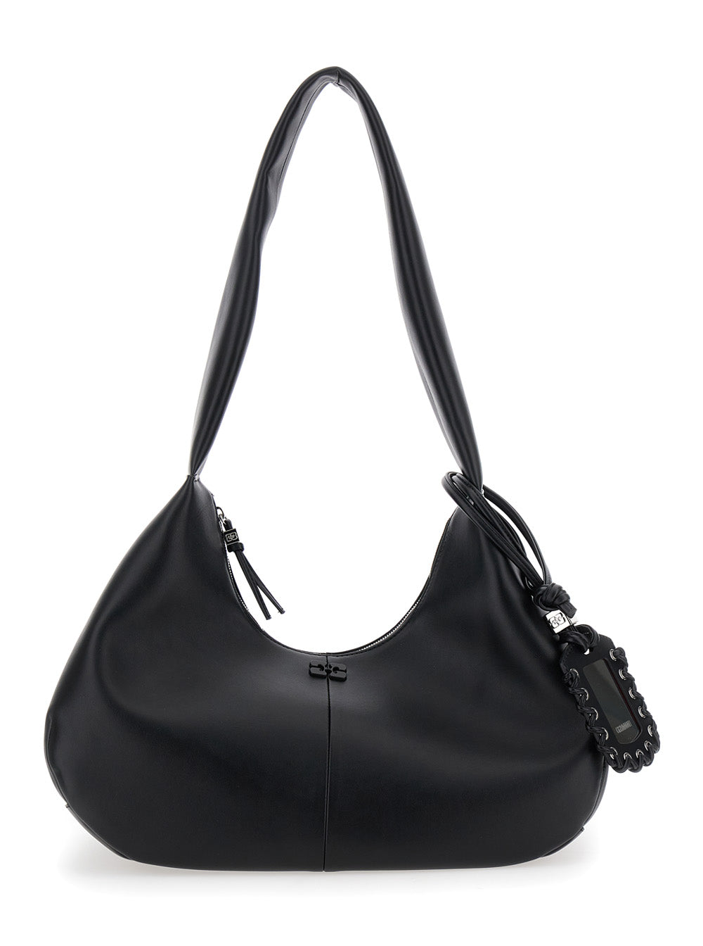 Ganni Women 'Bou Bag Hobo Medium' Black Shoulder Bag With Shoulder Strap And Removable Logo Patch In Leather Woman