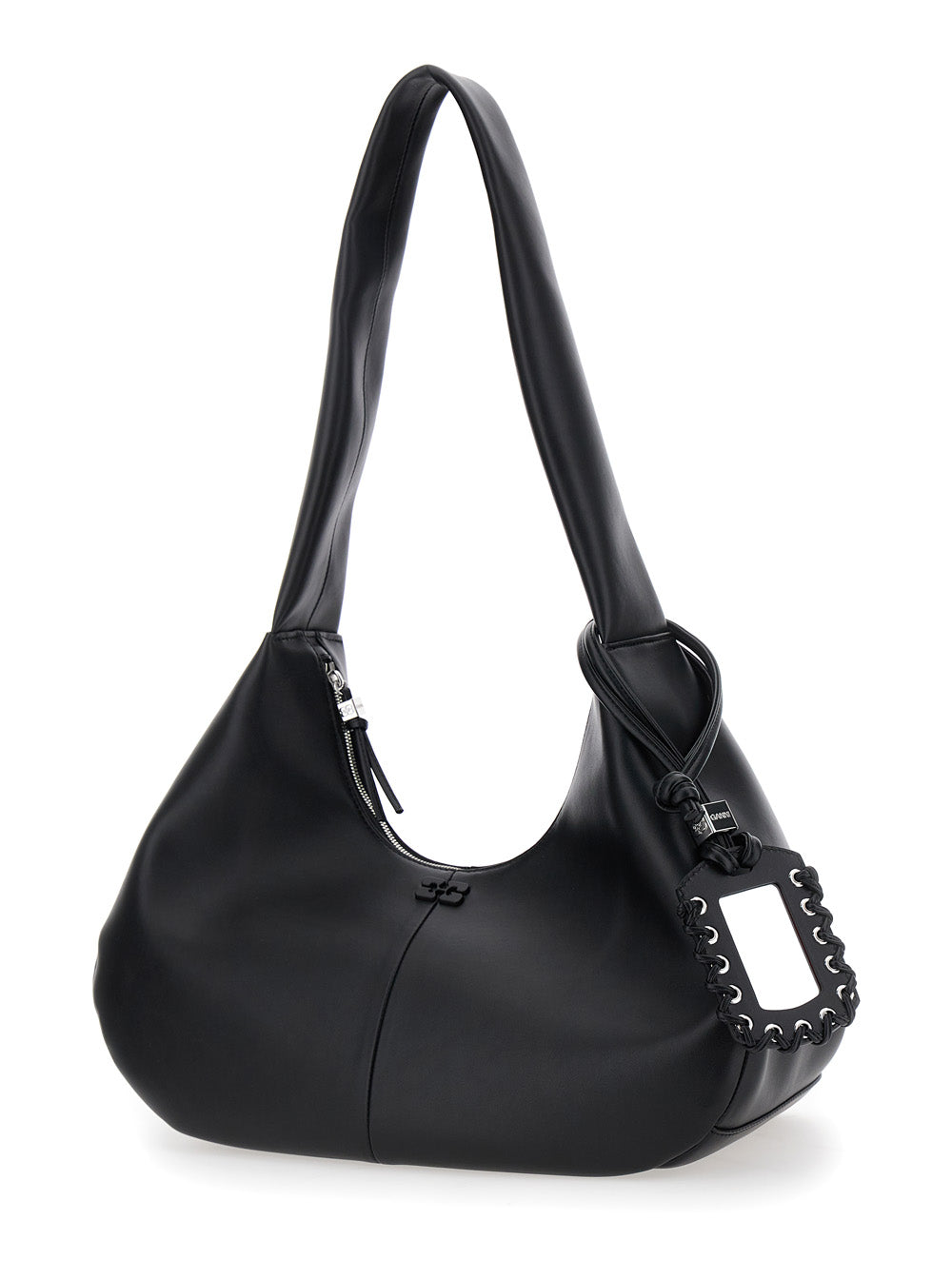 Ganni Women 'Bou Bag Hobo Medium' Black Shoulder Bag With Shoulder Strap And Removable Logo Patch In Leather Woman