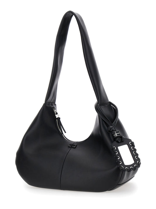 Ganni Women 'Bou Bag Hobo Medium' Black Shoulder Bag With Shoulder Strap And Removable Logo Patch In Leather Woman