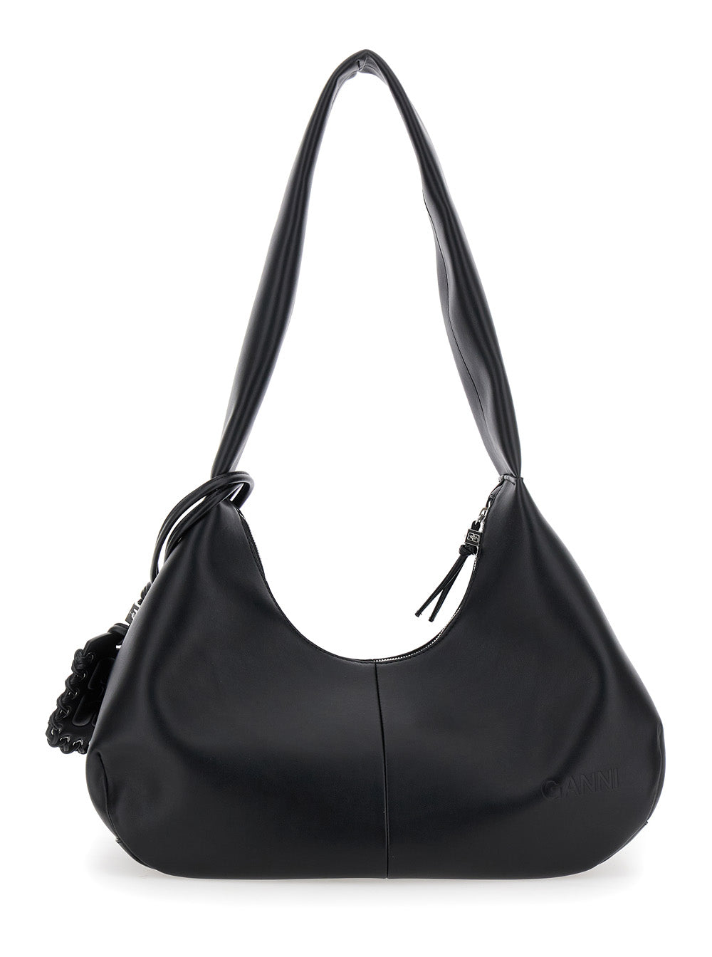 Ganni Women 'Bou Bag Hobo Medium' Black Shoulder Bag With Shoulder Strap And Removable Logo Patch In Leather Woman