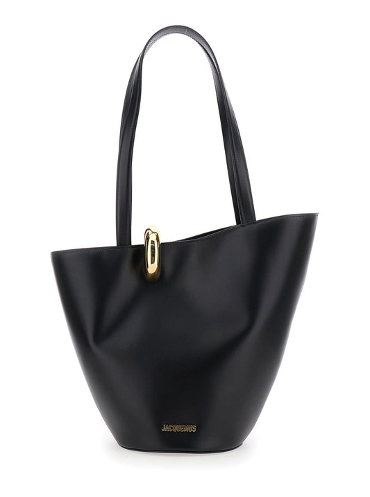 Jacquemus Women 'Le Bambola Moyen' Black Shoulder Bag With Front Metal Ring Closure And Embossed Logo Lettering On The Front In Leather Woman