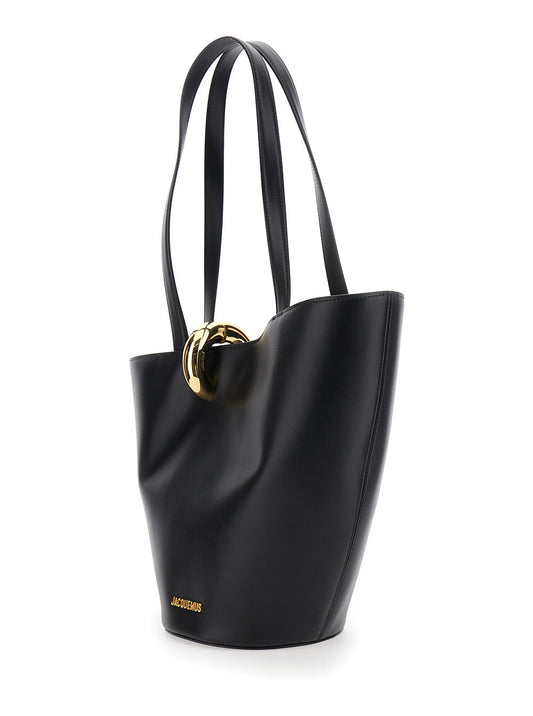 Jacquemus Women 'Le Bambola Moyen' Black Shoulder Bag With Front Metal Ring Closure And Embossed Logo Lettering On The Front In Leather Woman