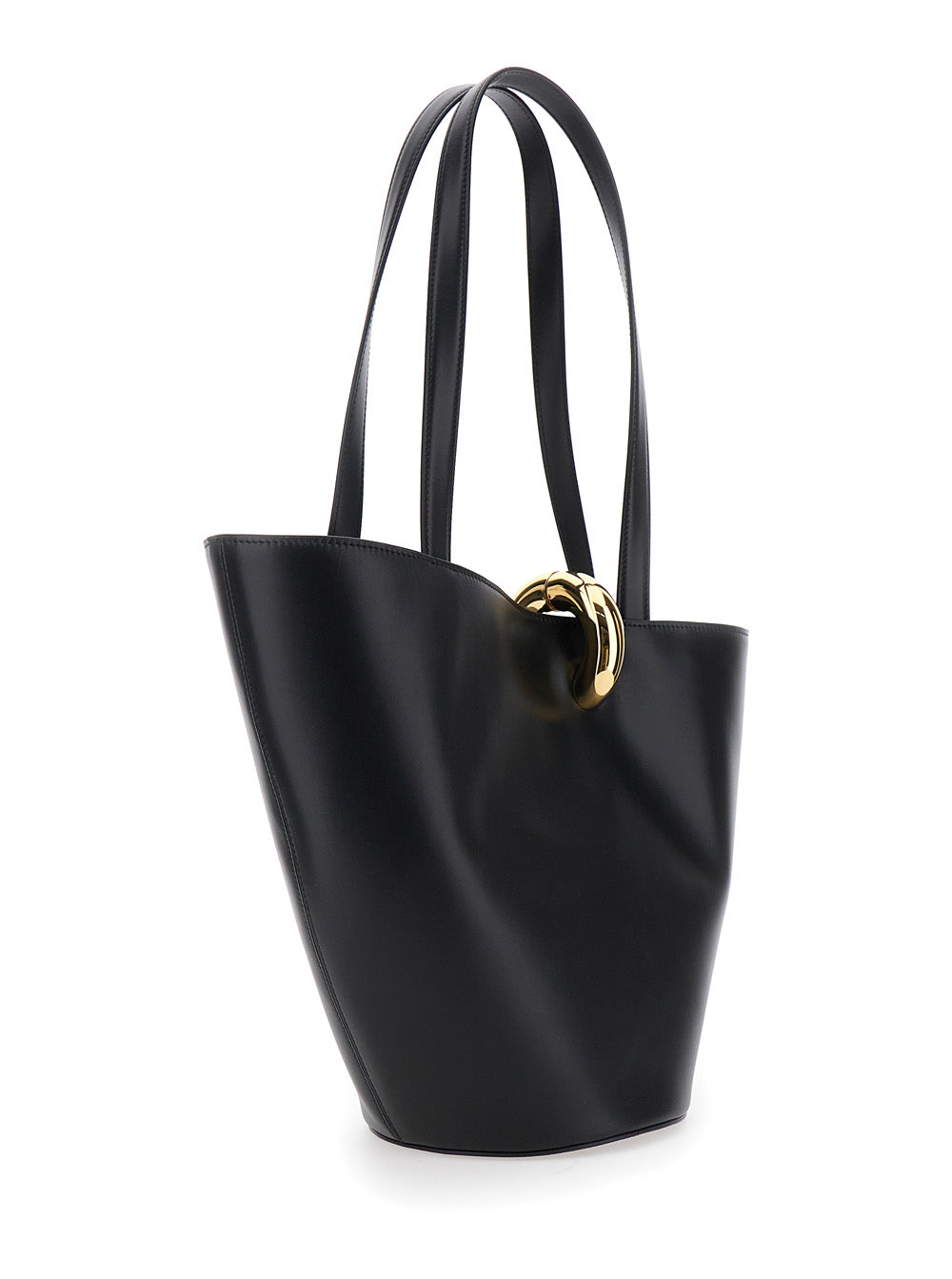 Jacquemus Women 'Le Bambola Moyen' Black Shoulder Bag With Front Metal Ring Closure And Embossed Logo Lettering On The Front In Leather Woman