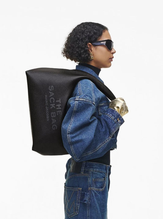Marc Jacobs Women 'The Sack' Black Shoulder Bag With Embossed Logo In Hammered Leather Woman