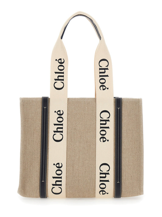 Chloé Women 'Medium Woody' Beige Handbag With Logo Lettering On The Front In Linen Woman