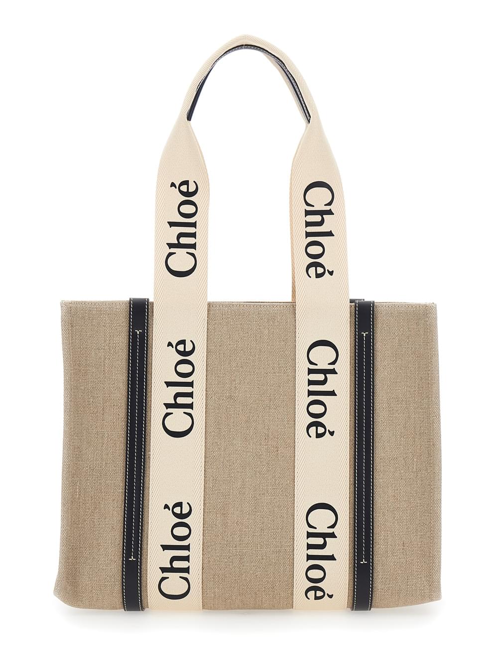 Chloé Women 'Medium Woody' Beige Handbag With Logo Lettering On The Front In Linen Woman