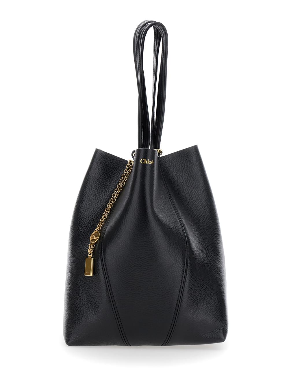 Chloé Women 'Spin' Black Shoulder Bag With Metal Logo Medals In Grained Leather Woman