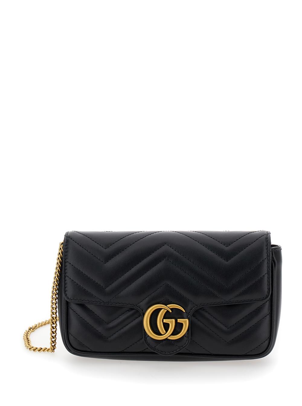 Gucci Women 'Gg Marmont 2.0' Mini Black Crossbody Bag With Double G In Chevron Leather Woman