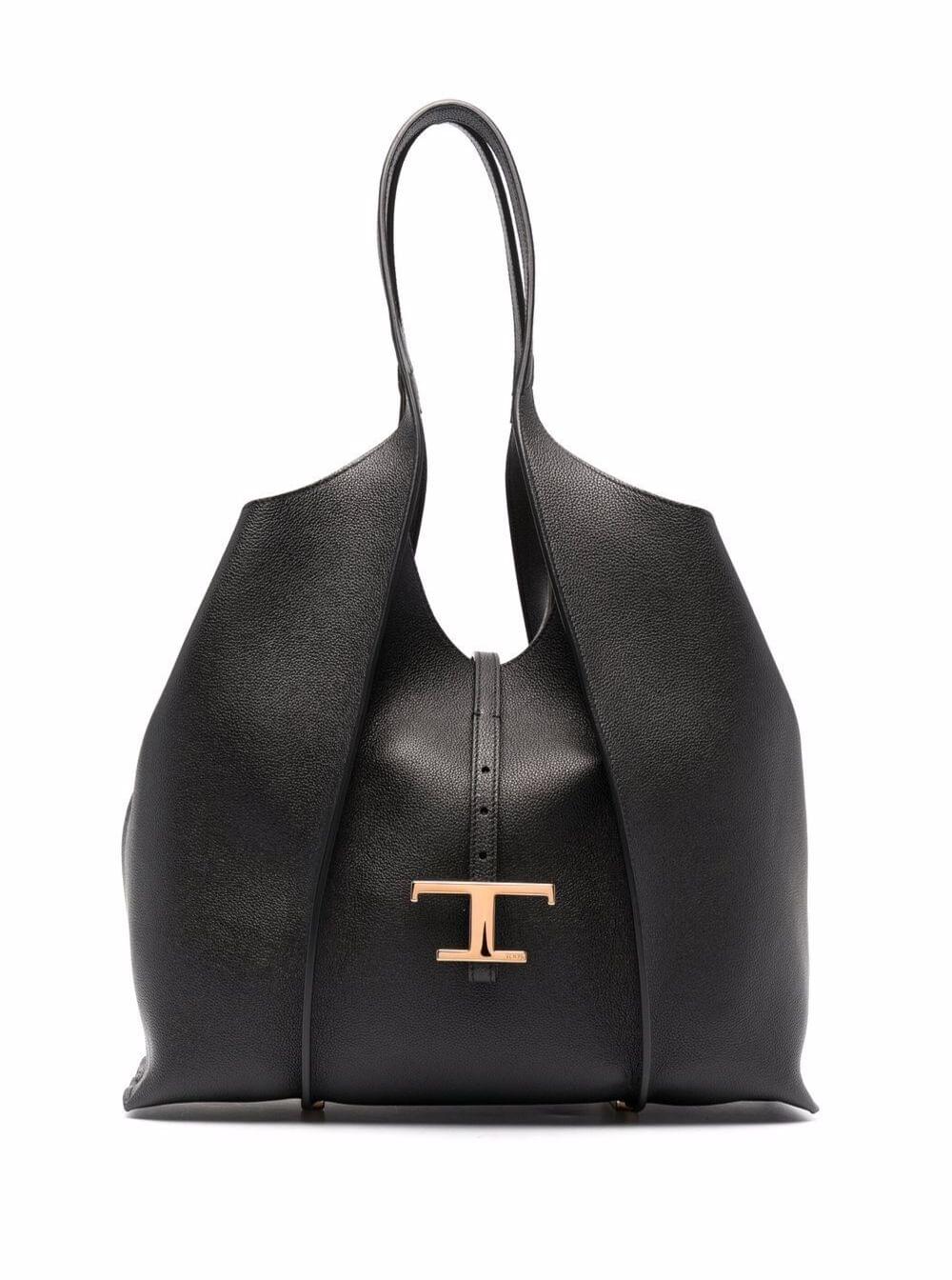 Tod's Women Black Tote Bag With T Timeless Charm In Leather Woman