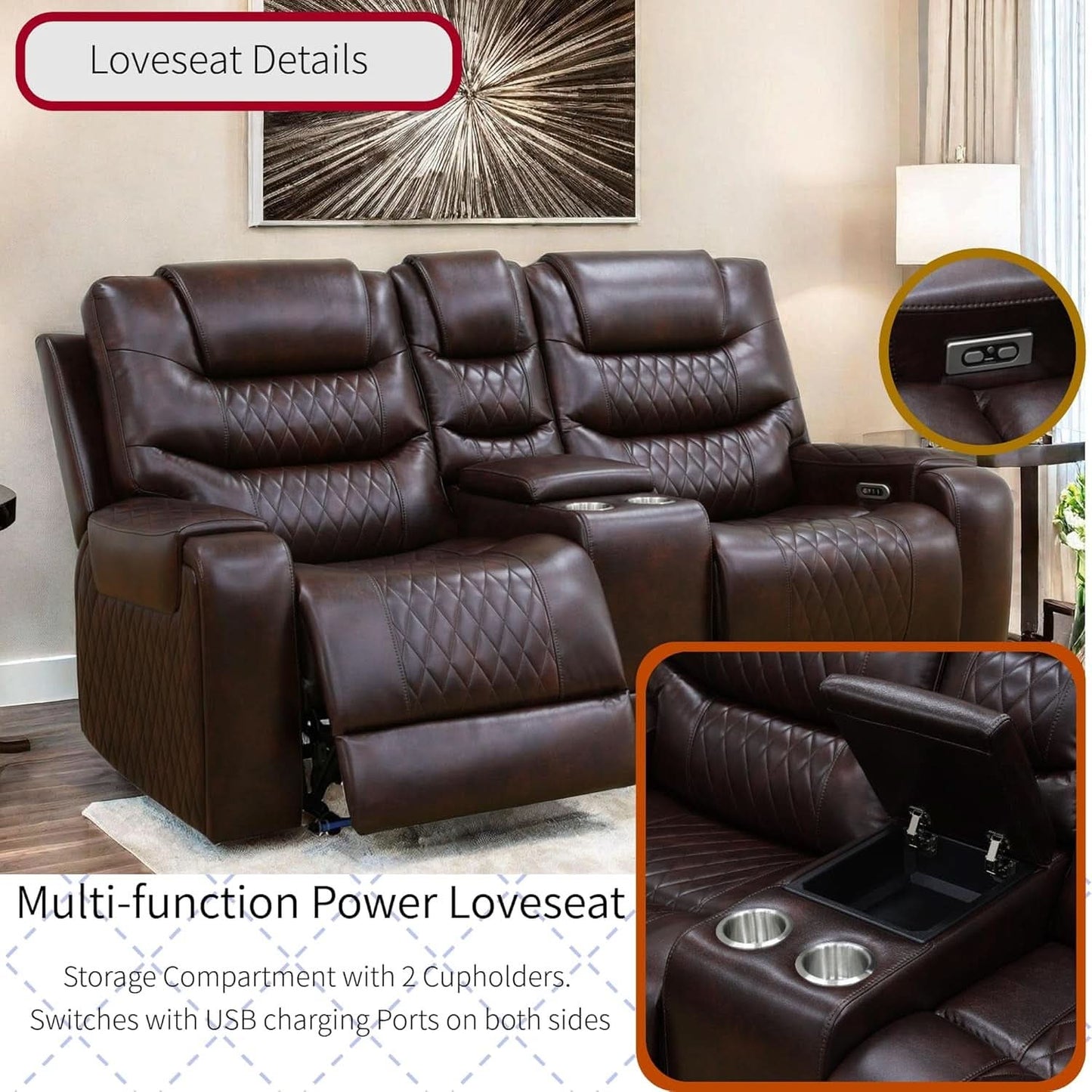 Power Reclining Sofa Set With USB Ports In Wine Leather