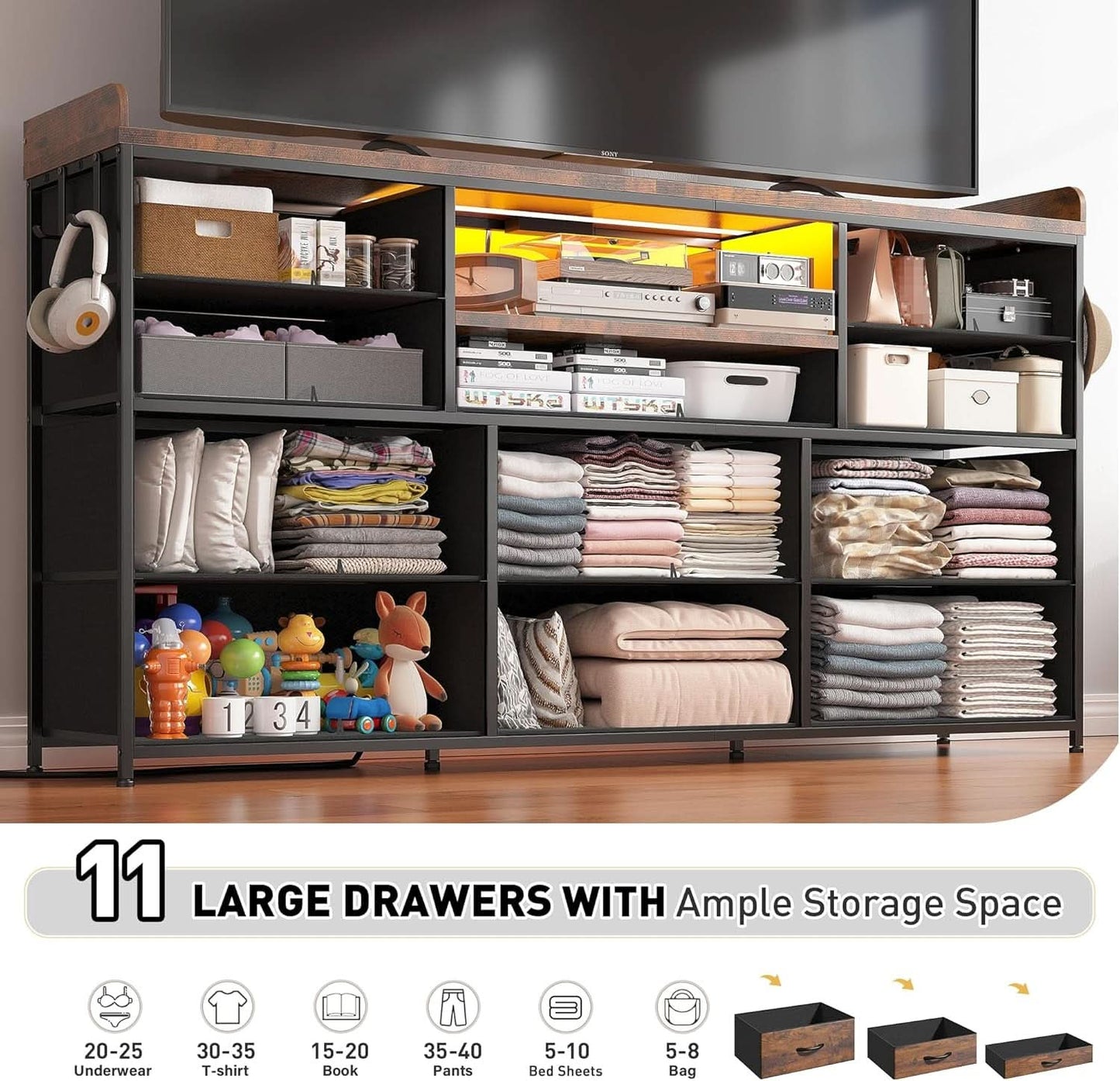 Dresser With 11 Drawers And LED Lights For Bedroom