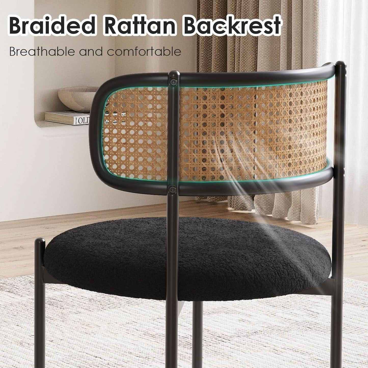 Set Of 4 Dining Chairs Mid Century Modern Rattan Back Upholstered Sherpa Black
