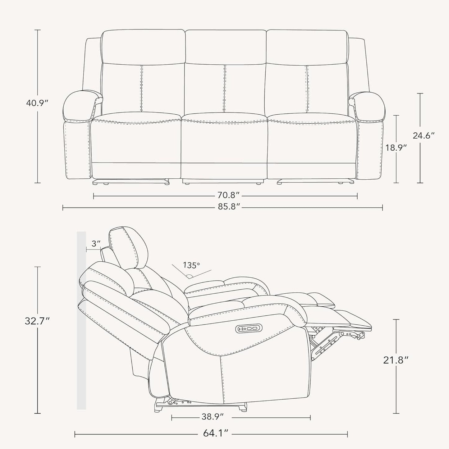 Genuine Leather Power Recliner Sofa 3 Seater USB Ports