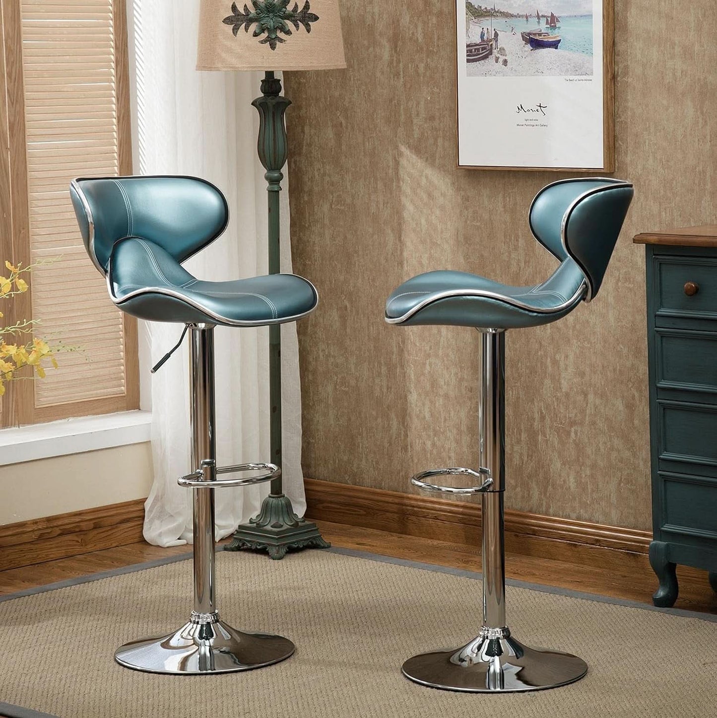 Blue Cushioned Leatherette Barstools Set Of 2 With Airlift Height And Swivel
