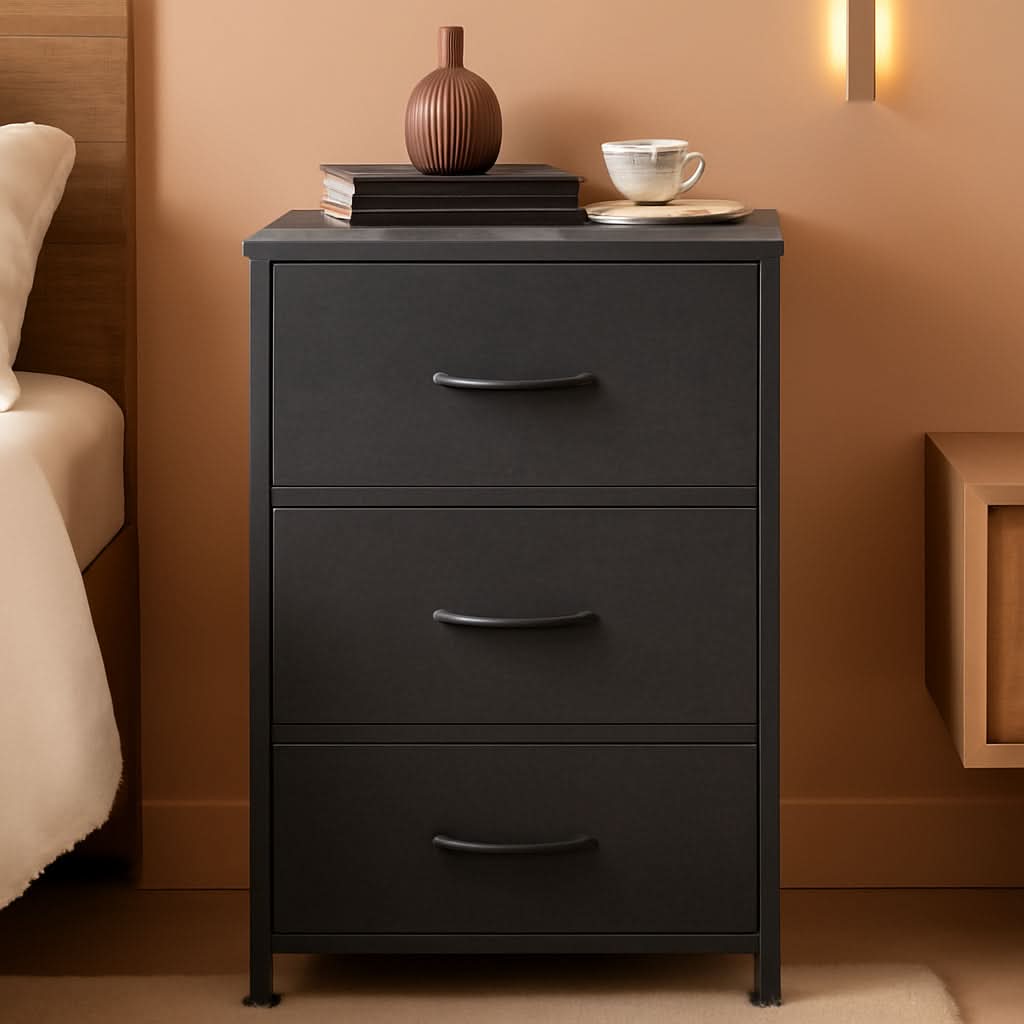 Charcoal Black 3 Drawer Dresser With Wood Top Steel Frame