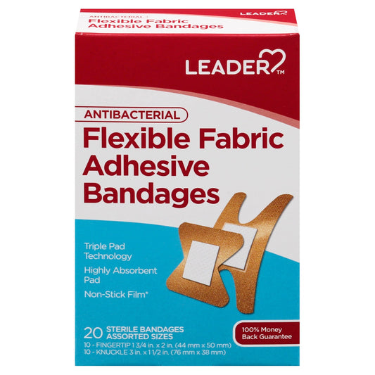 Leader Adhesive Bandages Fabric Antibacterial Assorted 20Ct