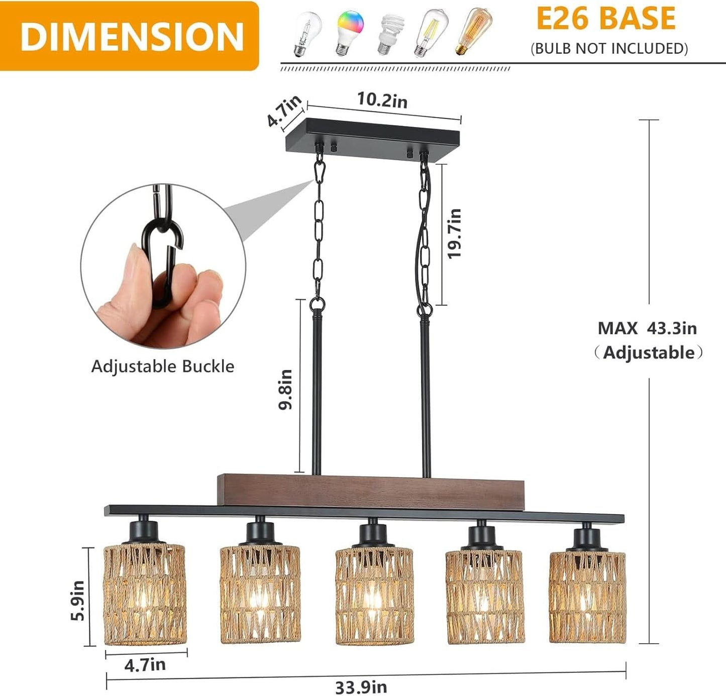 Rattan Farmhouse 5 Light Linear Chandelier Black Lighting