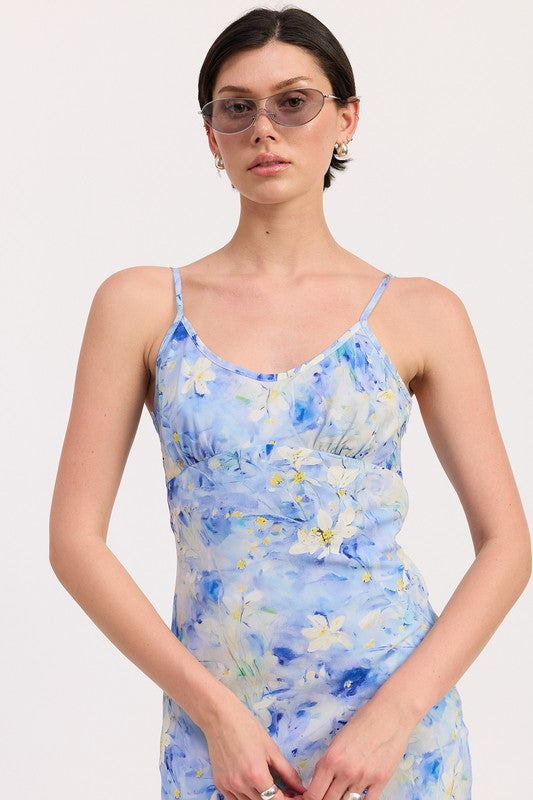 FLORAL SATIN SLIP MIDI DRESS