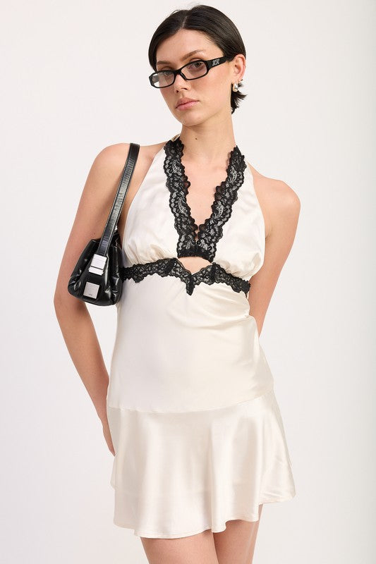 HALTER MINI DRESS WITH LACE TRIM DETAIL